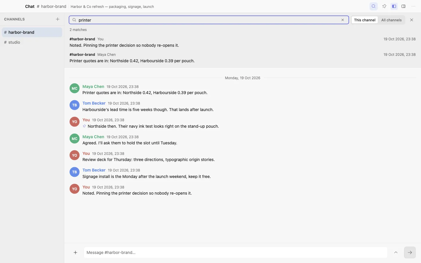 Message search in a Chat channel jumping to a hit