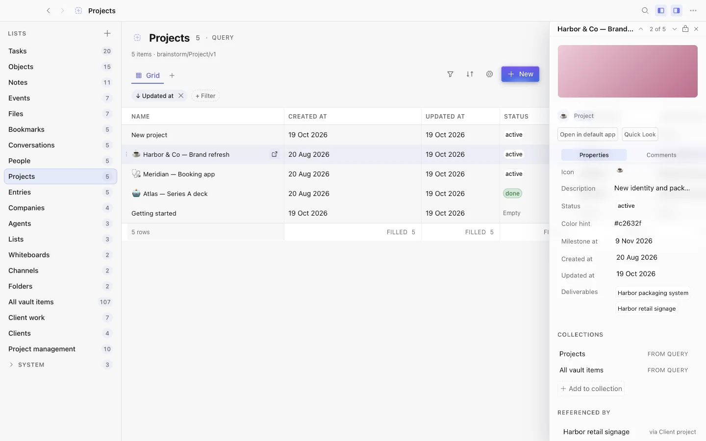 A project in Database showing the deliverables linked back to it