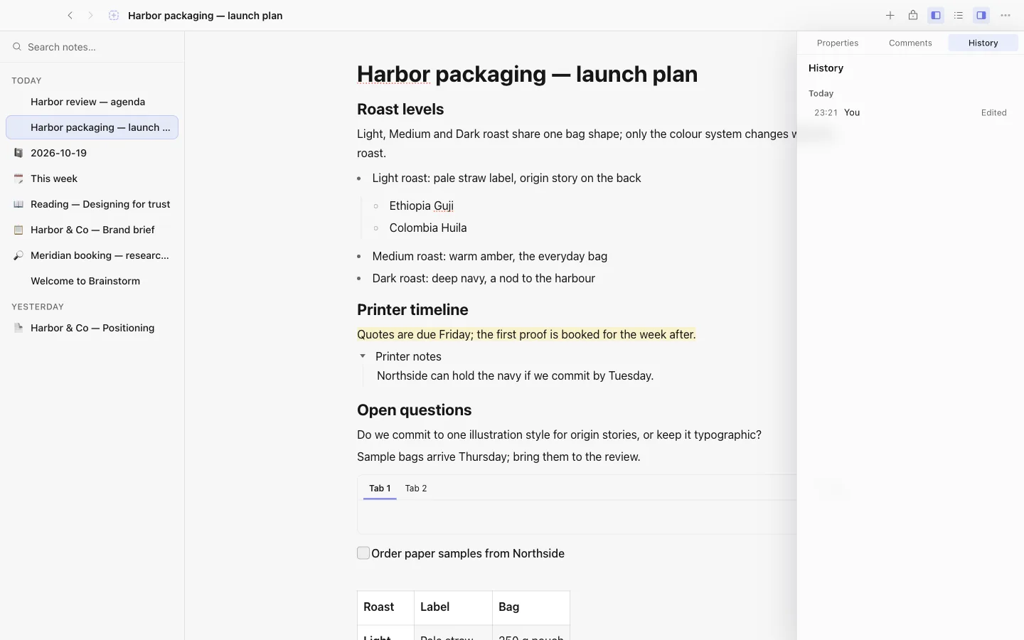 The version history panel of a note