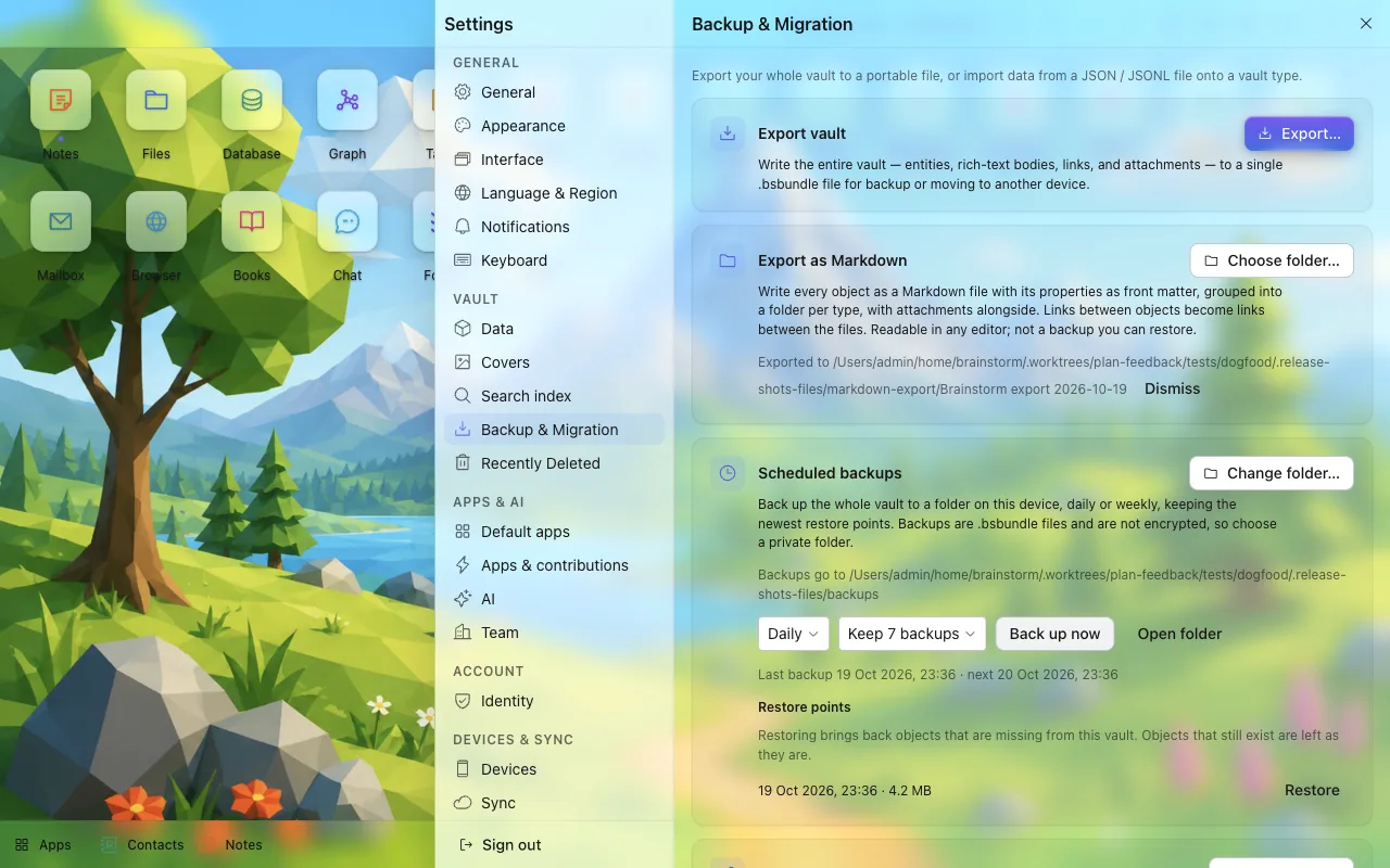 Scheduled backups in Settings with the restore points listed