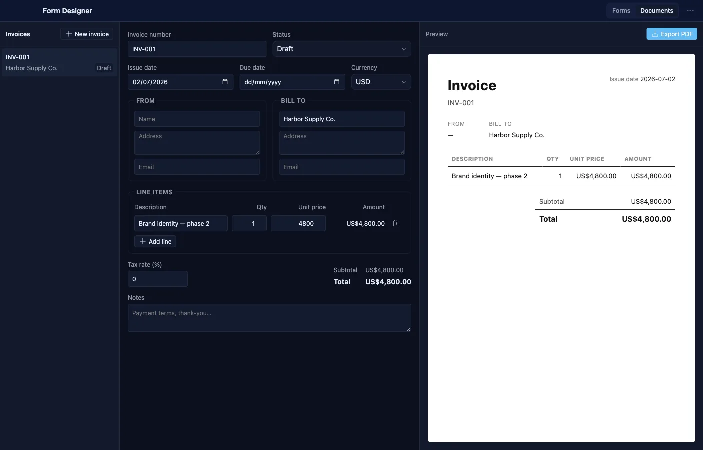 Form Designer: Invoices