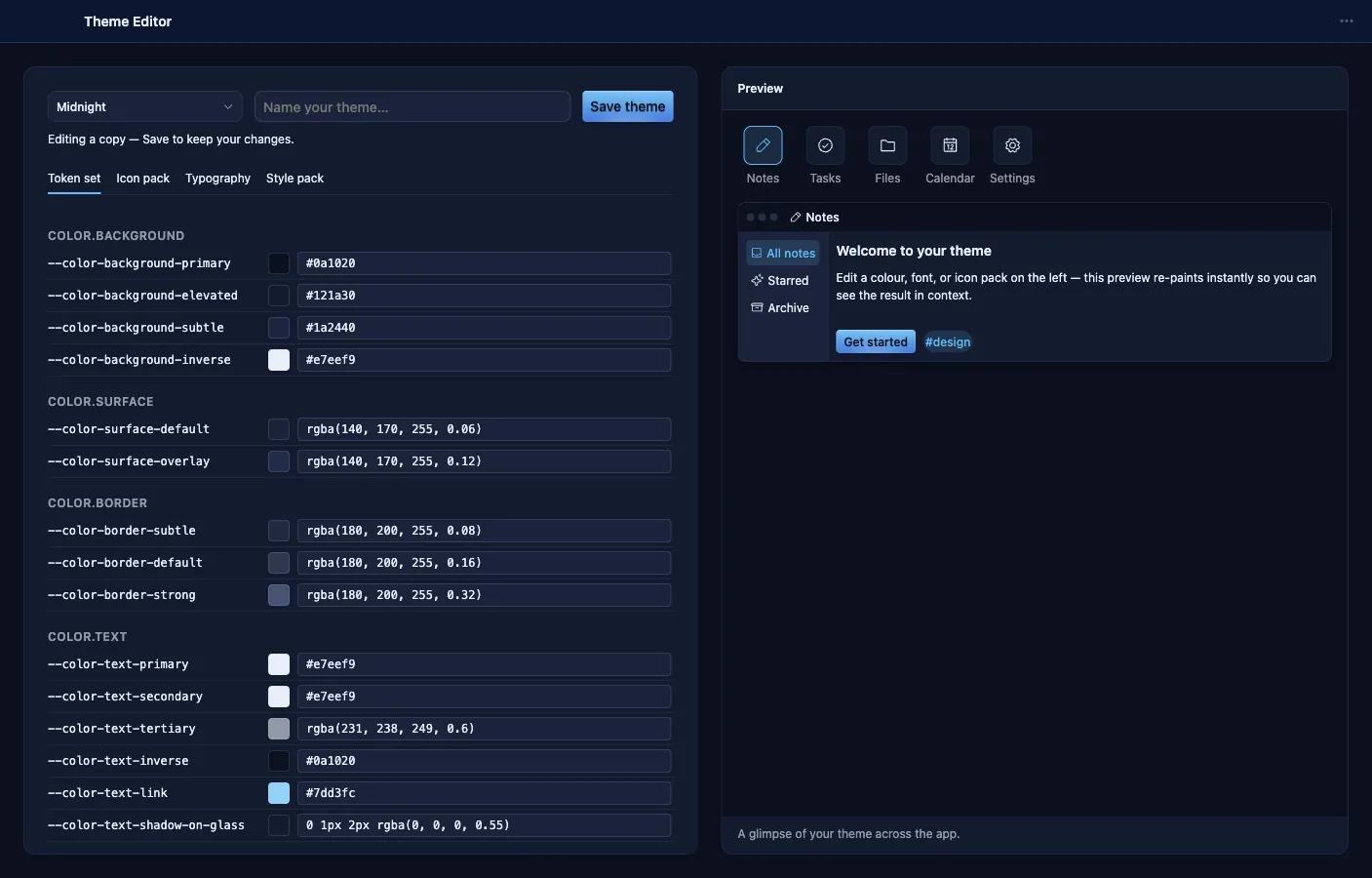 Theme Editor: The token set